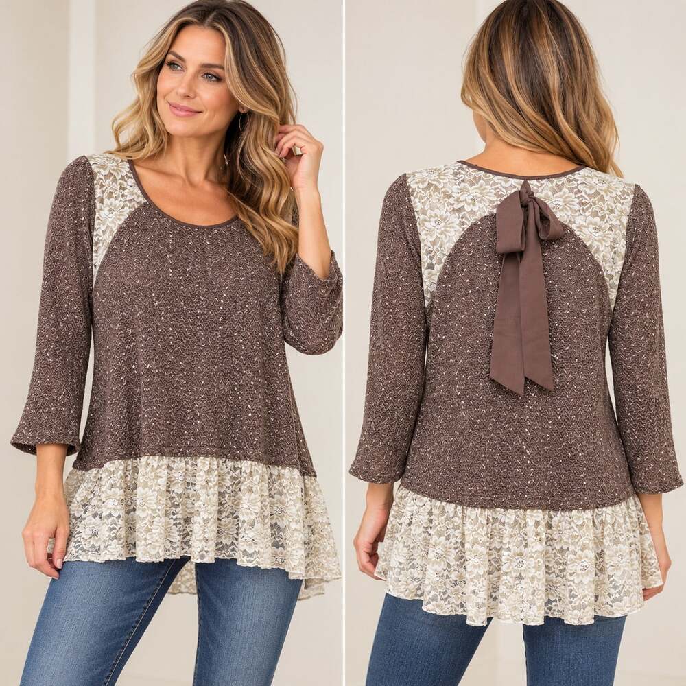 Ryu Pullover Tunic Sweater Lace Trim Ruffled Sequin Embellished Boho Chic MED